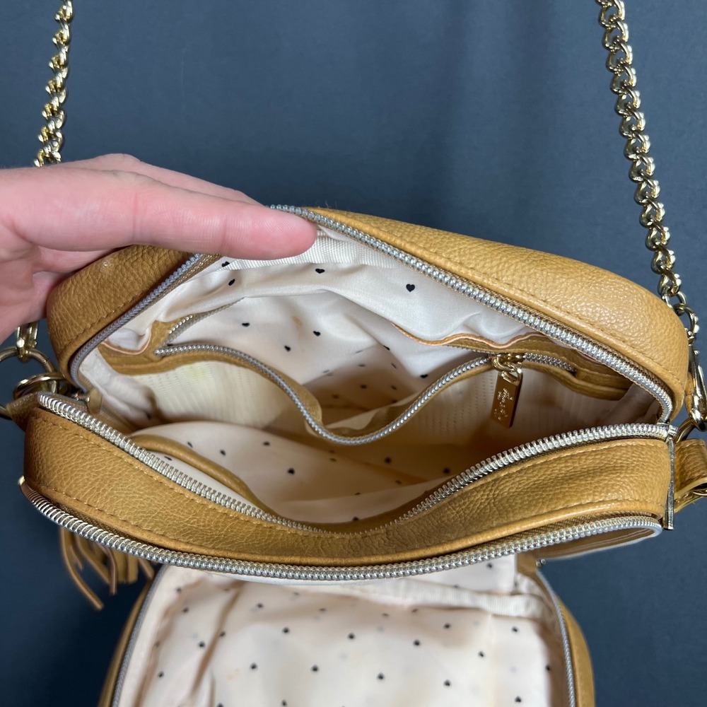 Itzy Ritzy Mustard Yellow Studded Crossbody Bag Tassel Camera Bag Gold Chain - Picture 15 of 16